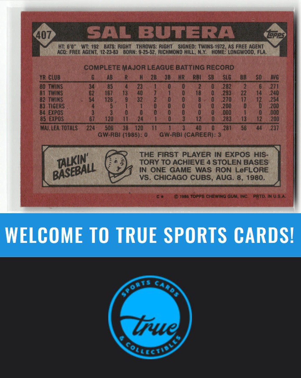 1986 Topps #407 Sal Butera Auto
