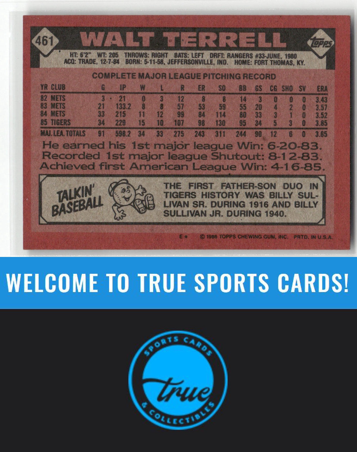 1986 Topps #461 Walt Terrell Auto