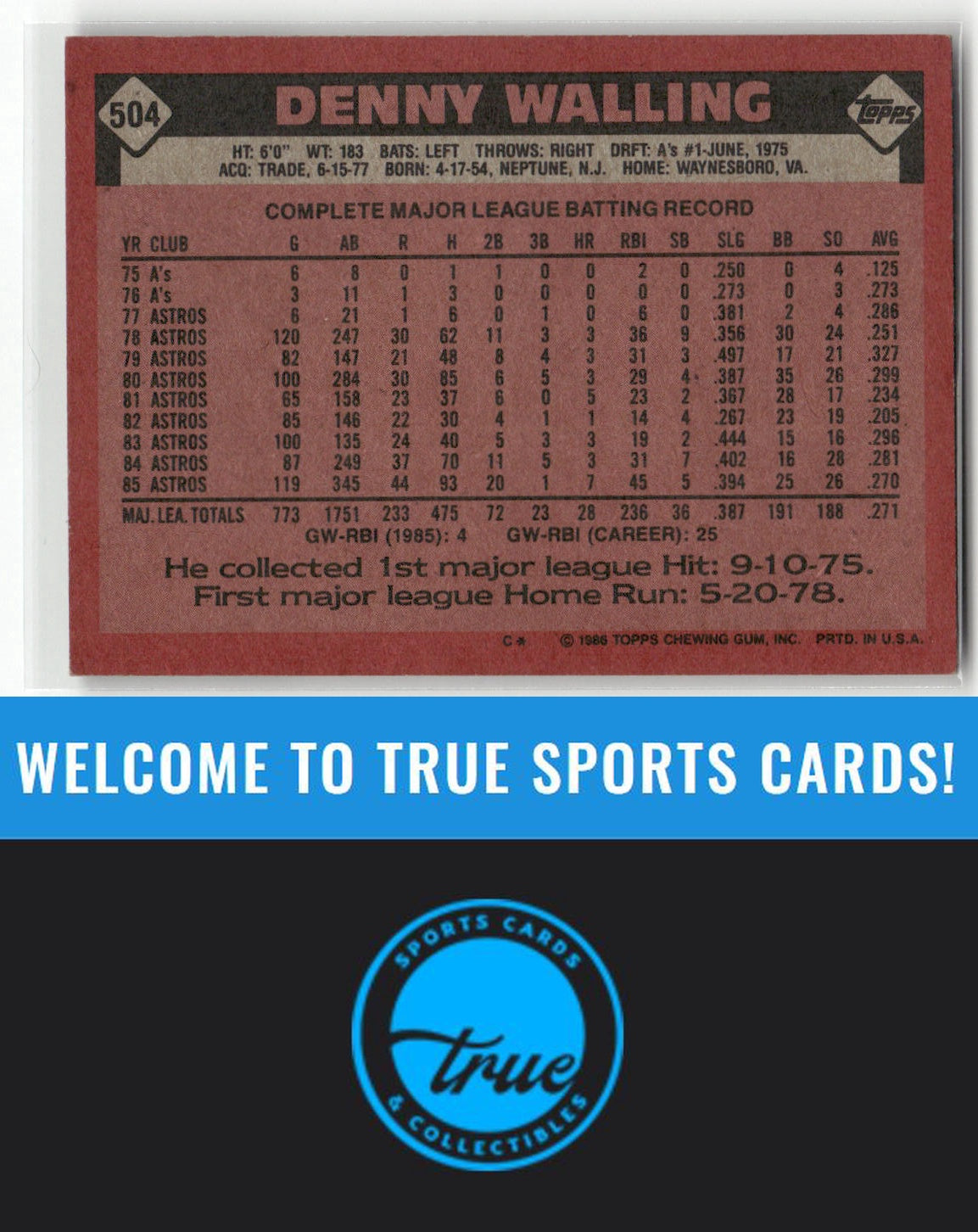1986 Topps #504 Denny Walling Auto
