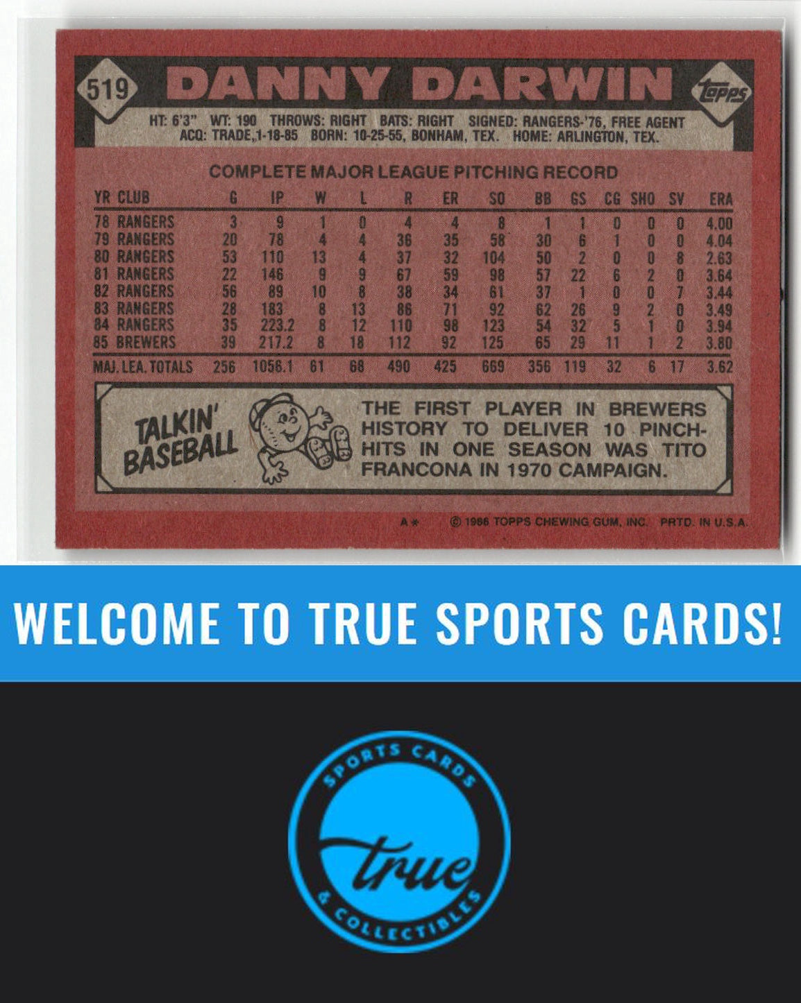 1986 Topps #519 Danny Darwin Auto