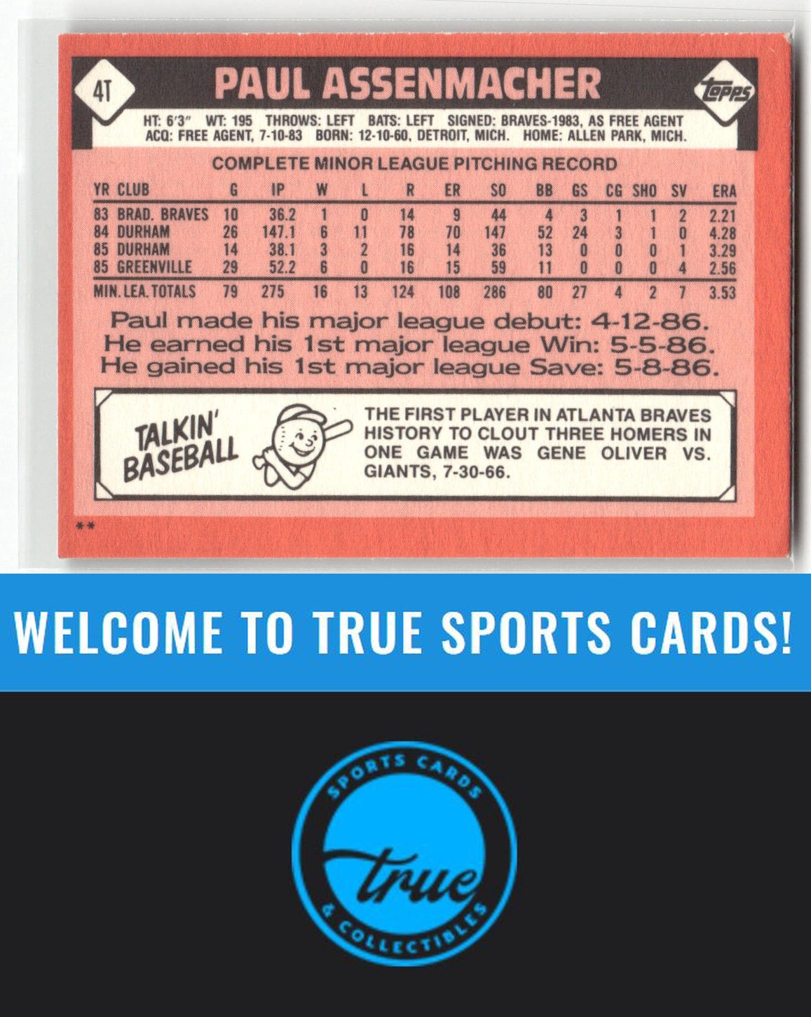 1986 Topps Traded #4T Paul Assenmacher Auto