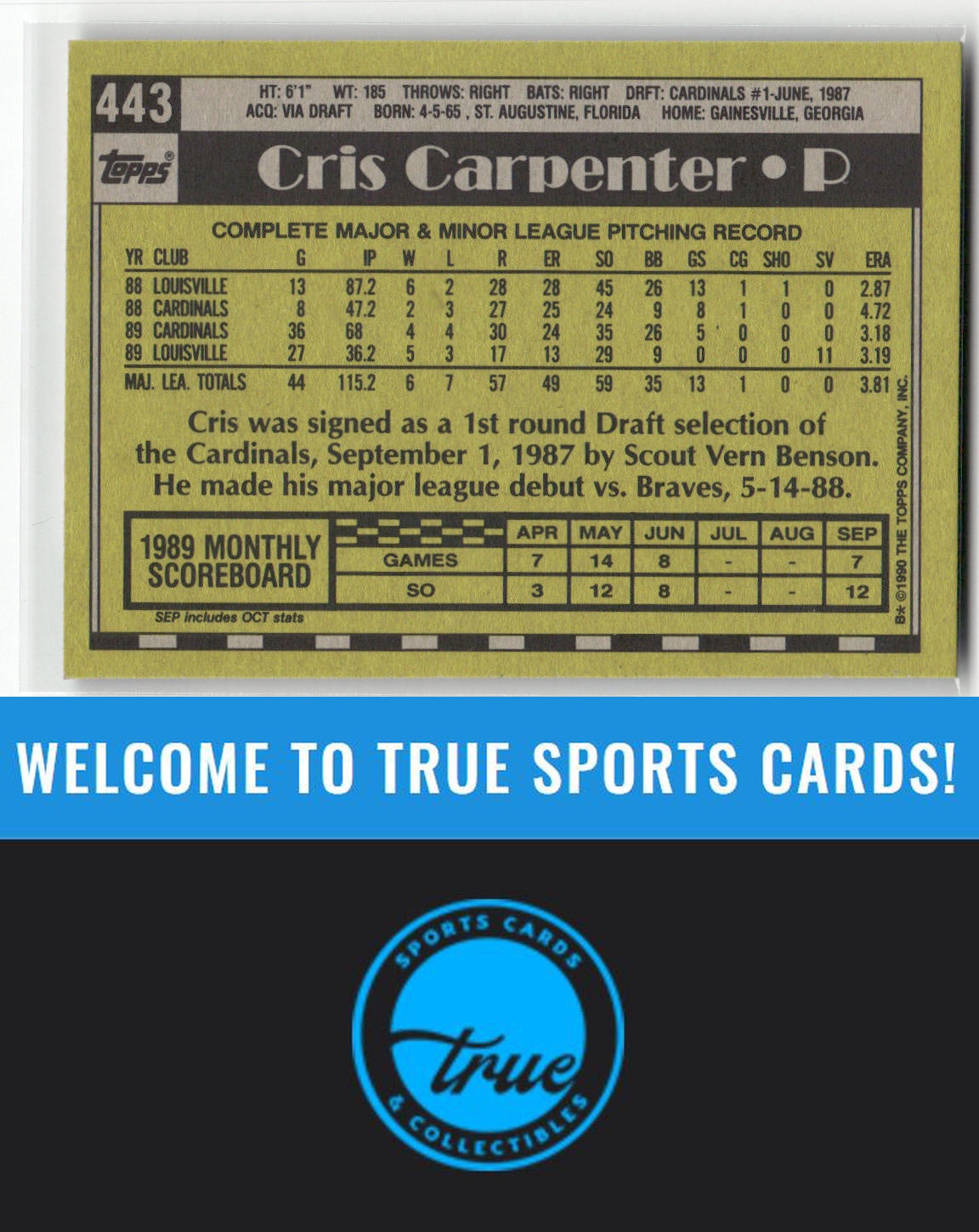 1990 Topps #443 Cris Carpenter Auto