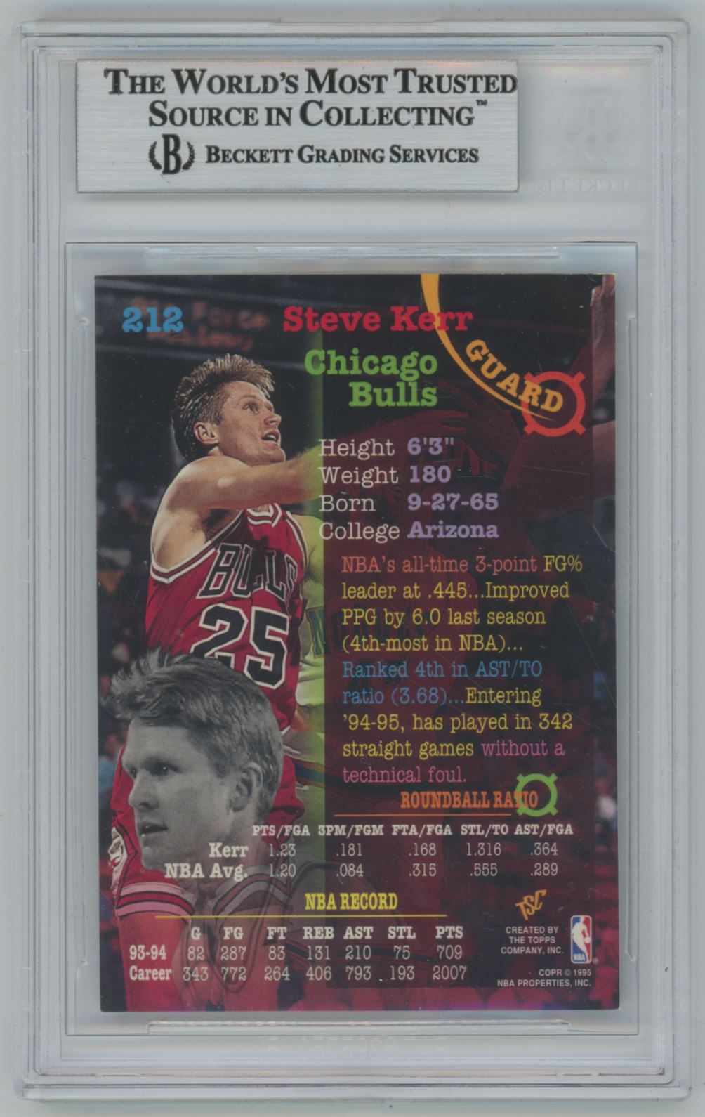 1994-95 Stadium Club Steve Kerr #212 Auto - Beckett Authentic