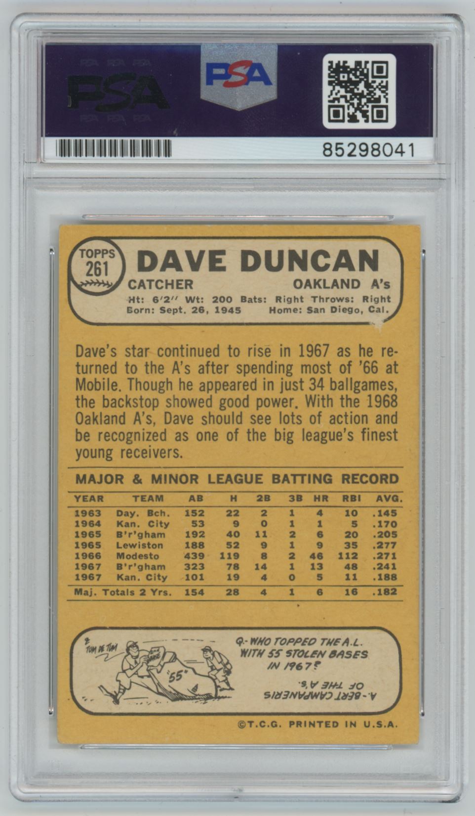 1968 Topps Dave Duncan Auto - PSA/DNA Authentic (8041)