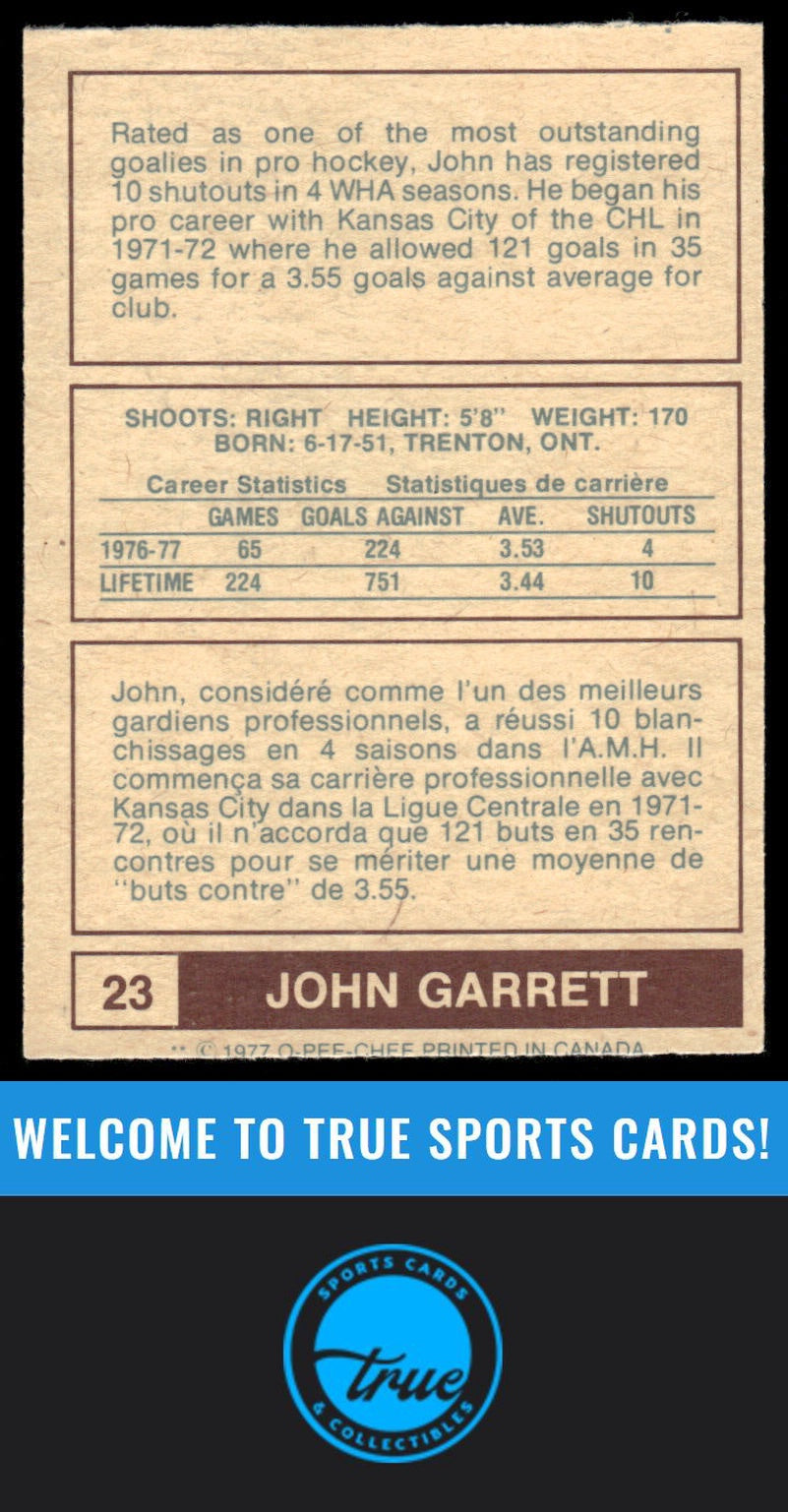 1977-78 O-Pee-Chee WHA #23 John Garrett AUTOGRAPH