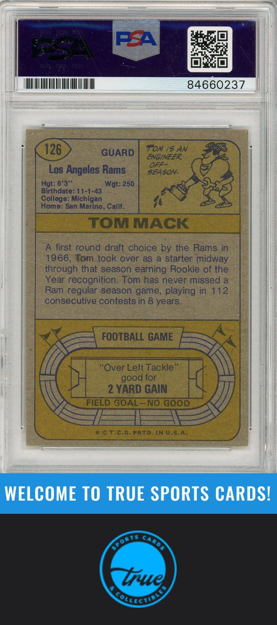 1974 Topps Parker Brothers Pro Draft #126a Tom Mack PSA Authentic AUTOGRAPH