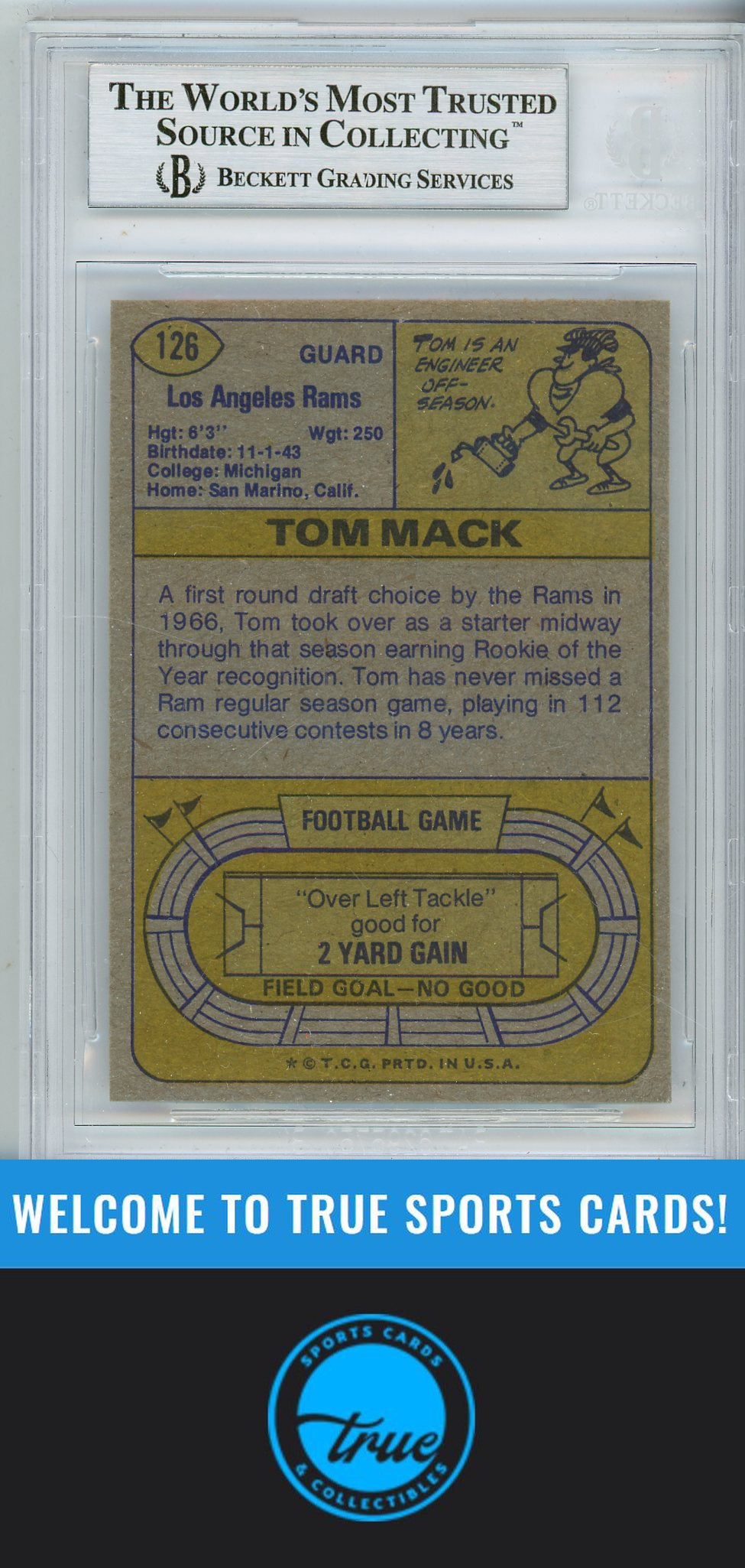 1974 Topps #126 Tom Mack BGS Authentic AUTOGRAPH