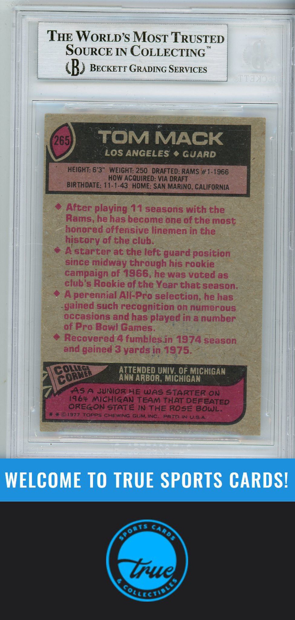 1977 Topps #265 Tom Mack BGS Authentic AUTOGRAPH