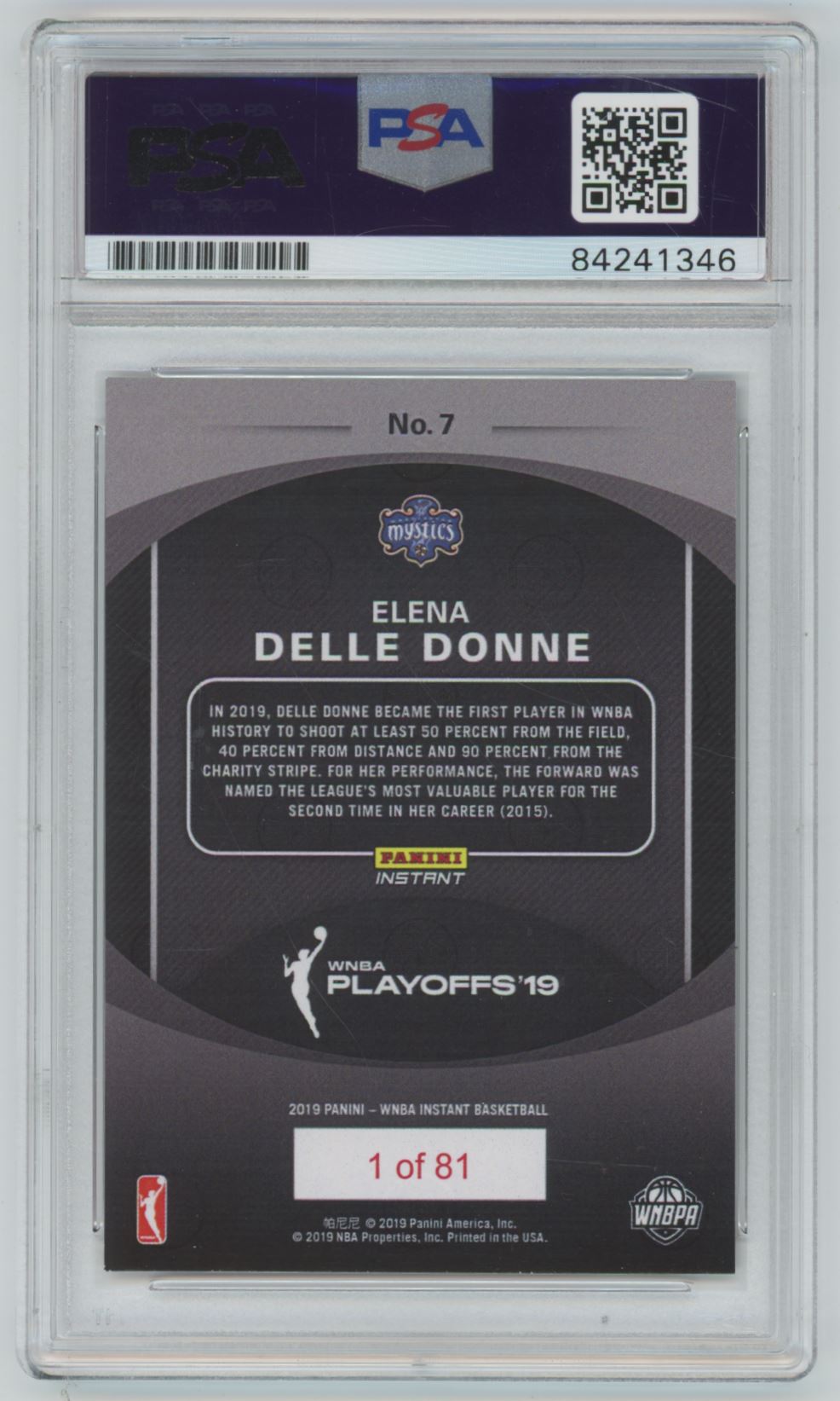 2019 Panini Instant WNBA Elena Delle Donne #7 Auto - PSA/DNA