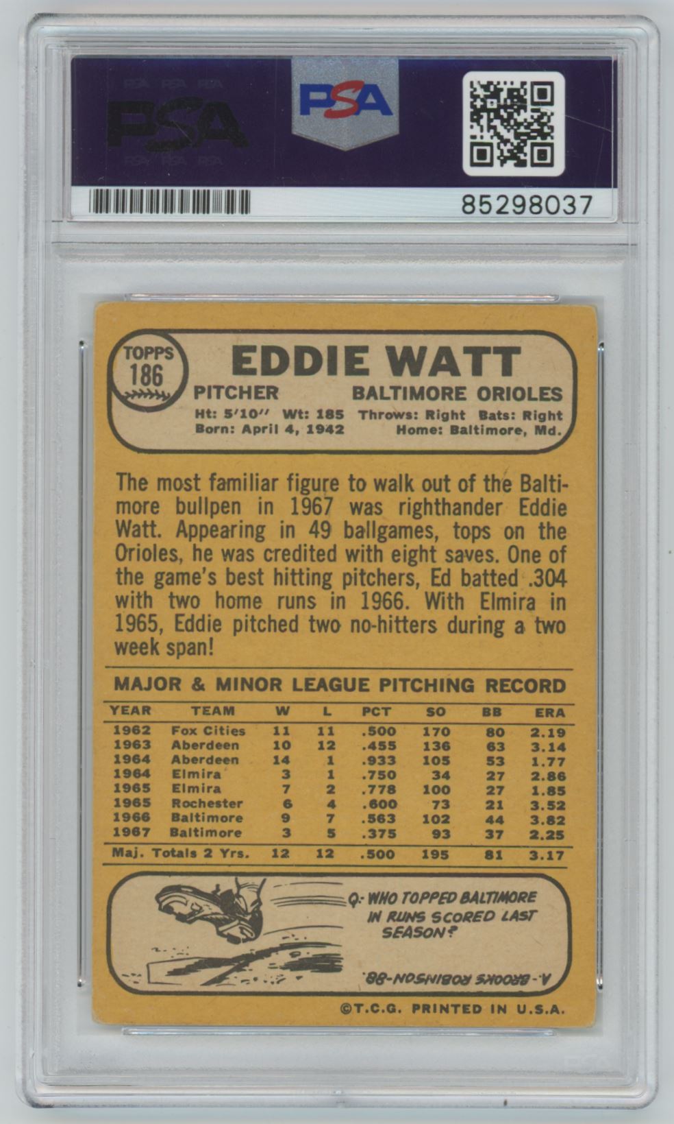 1968 Topps Eddie Watt Auto - PSA/DNA Authentic (8037)