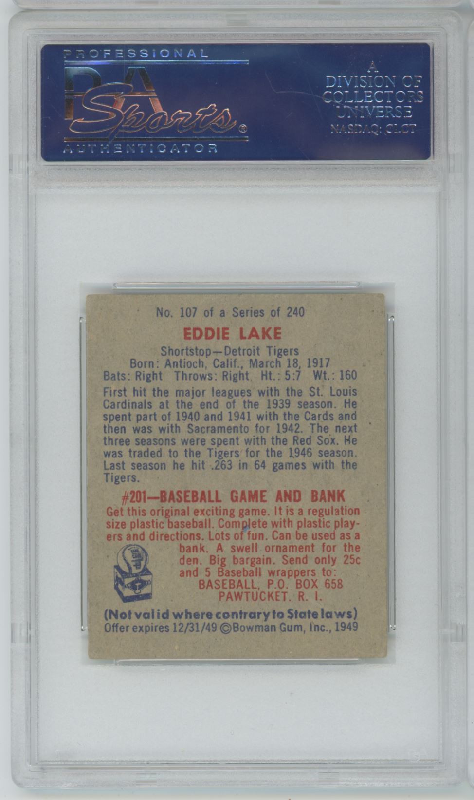 1949 Bowman Eddie Lake #107 - PSA 3