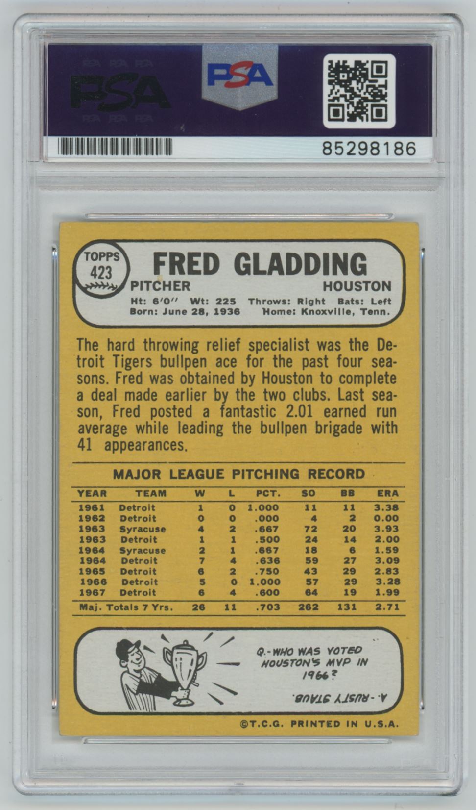 1968 Topps Fred Gladding Auto - PSA/DNA Authentic (8186)