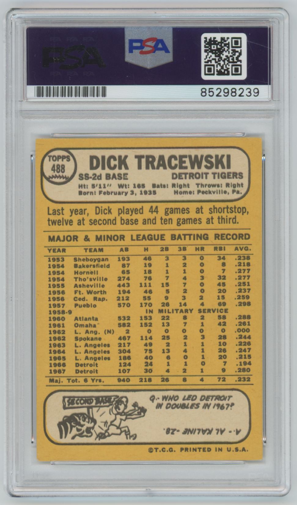 1968 Topps Dick Tracewski Auto - PSA/DNA Authentic (8239)