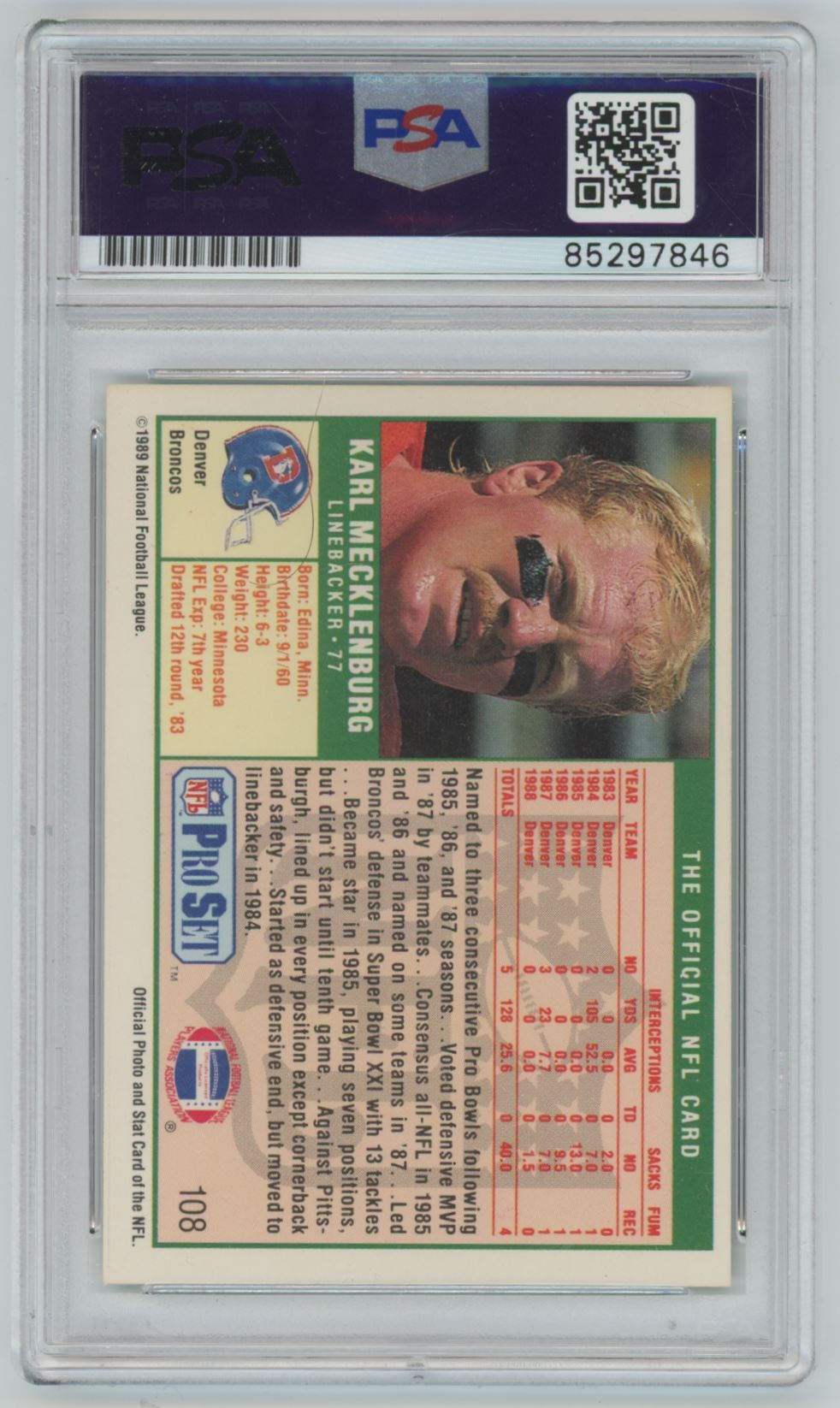 1989 Pro Set Karl Mecklenburg Auto Inscription - PSA/DNA