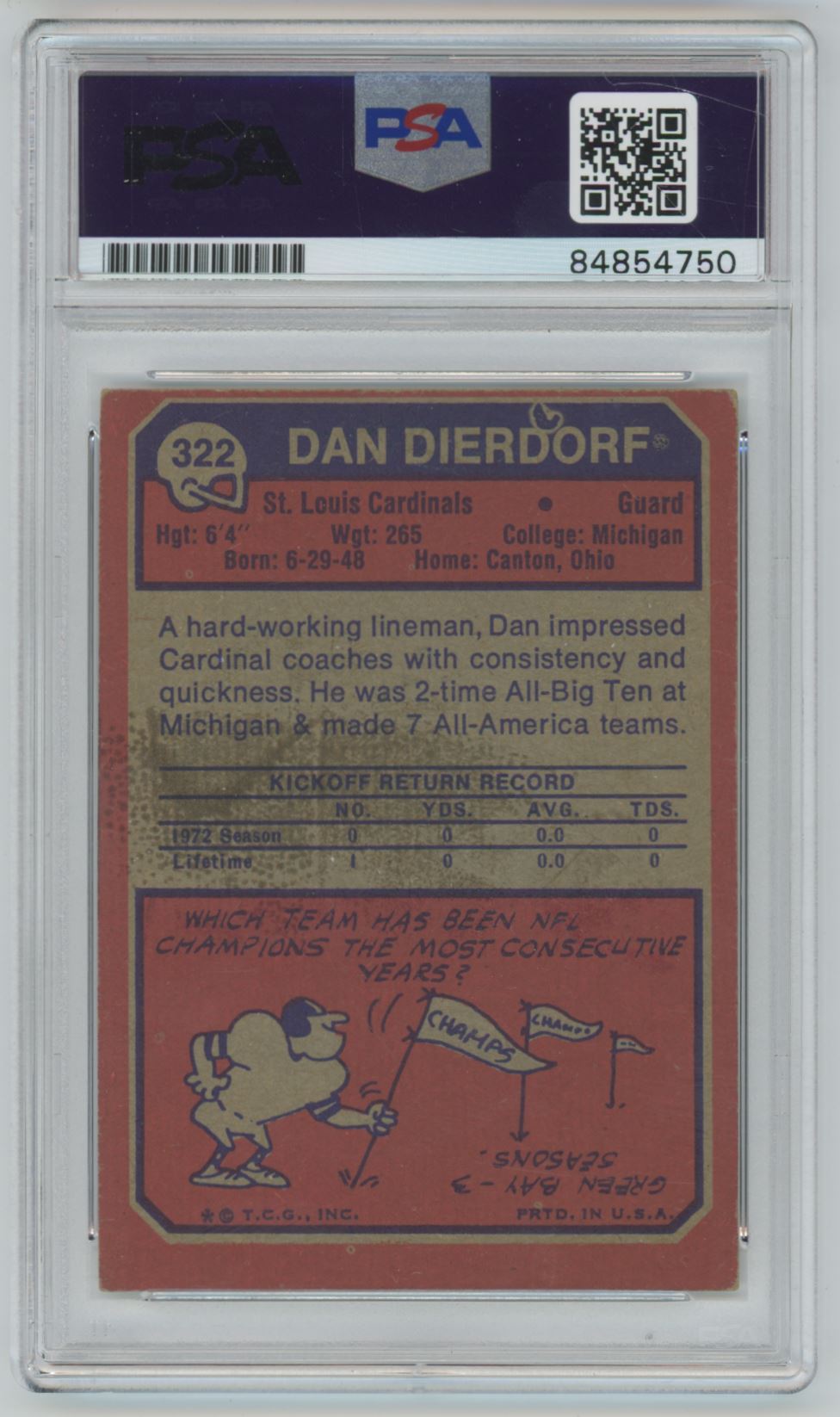 1973 Topps Dan Dierdorf Rookie Card Auto - PSA/DNA