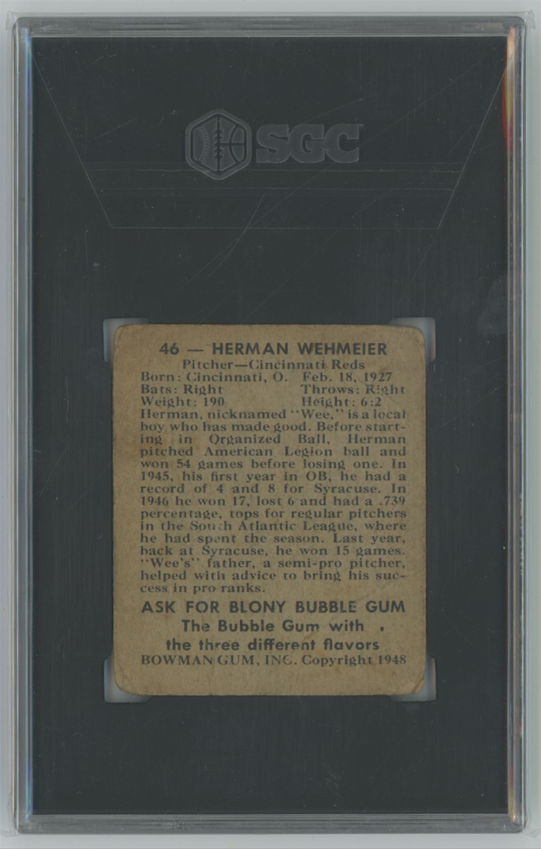 1948 Bowman Herman Wehmeier #46 - SGC 1