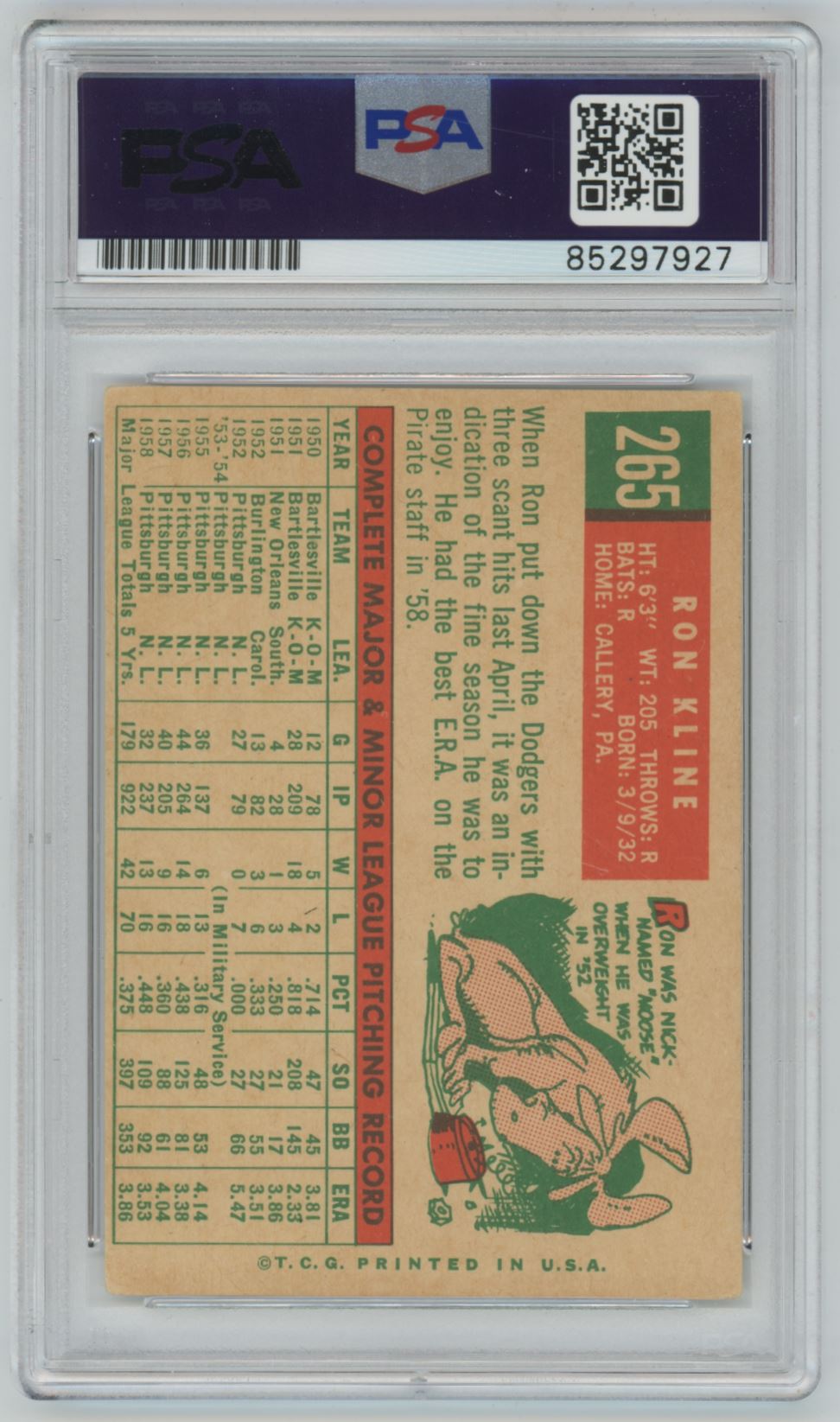 1959 Topps Ron Kline #265 Auto - PSA/DNA Authentic