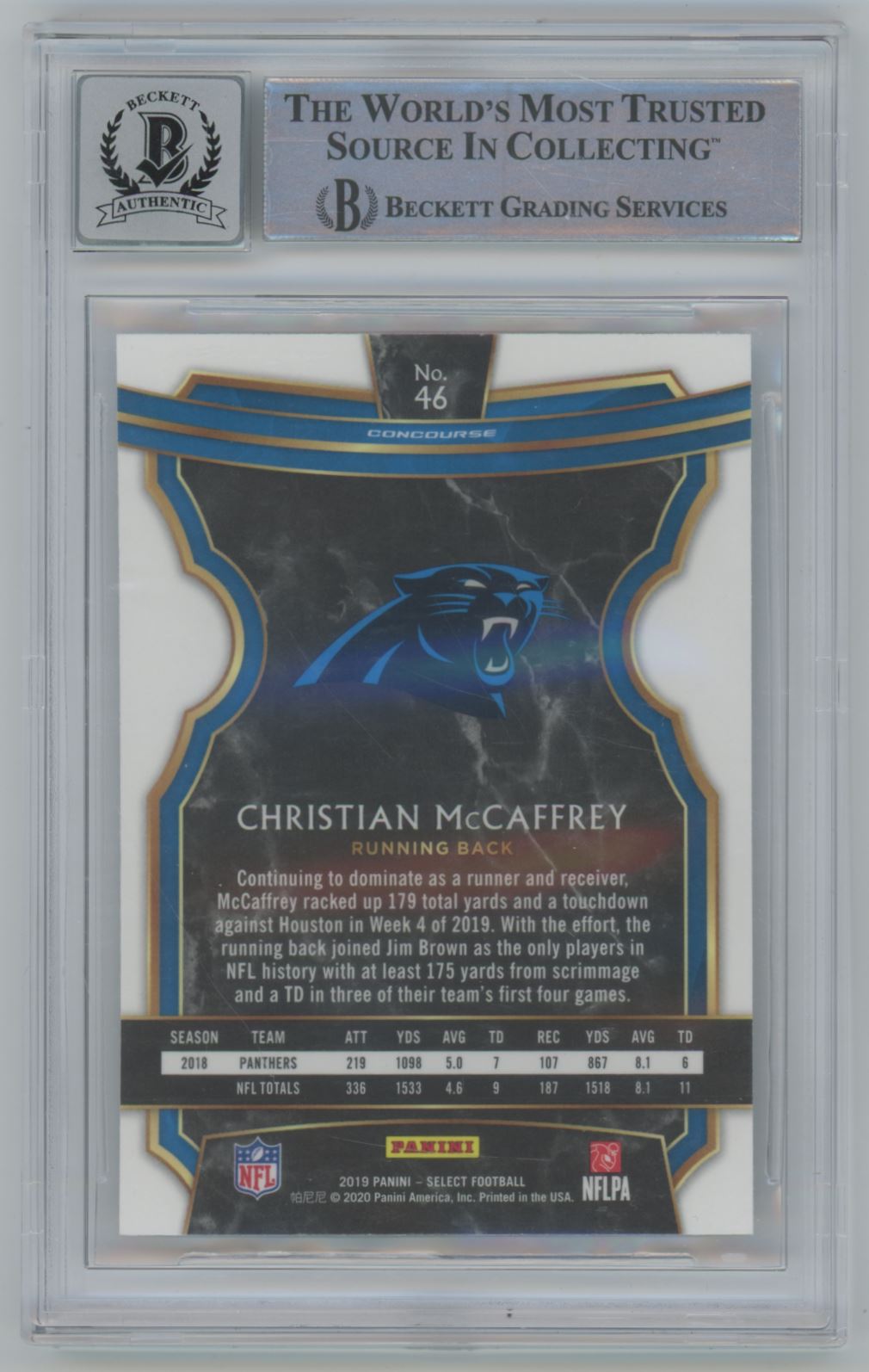 2019 Select Christian McCaffrey #46 Auto - Beckett Authentic AUTO GRADE 10