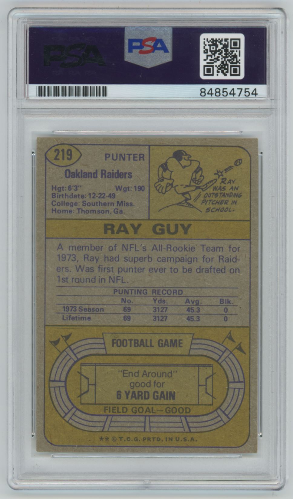 1974 Topps Ray Guy Raiders Rookie Card #219 Auto - PSA/DNA HOF '14 Inscription