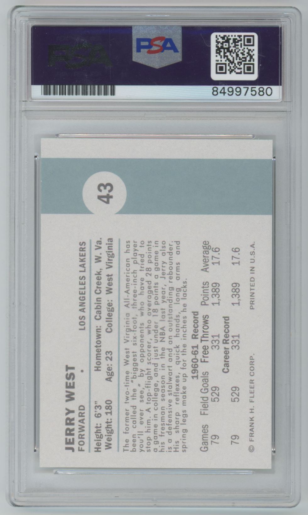 1961 Fleer #43 (REPRINT ROOKIE CARD) Jerry West Auto 10 - PSA/DNA