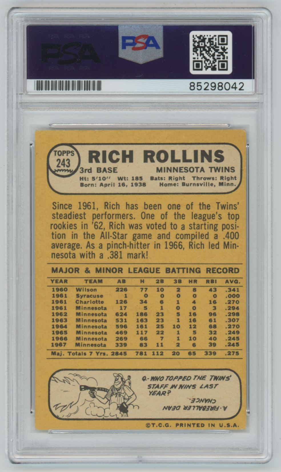 1968 Topps Rich Rollins Auto - PSA/DNA Authentic (8042)