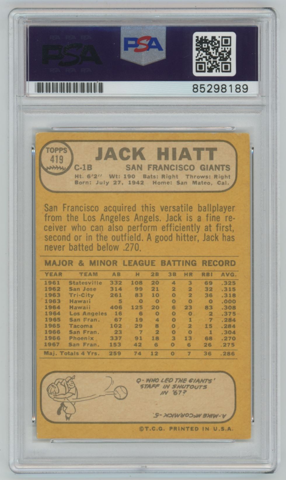 1968 Topps Jack Hiatt Auto - PSA/DNA Authentic (8189)