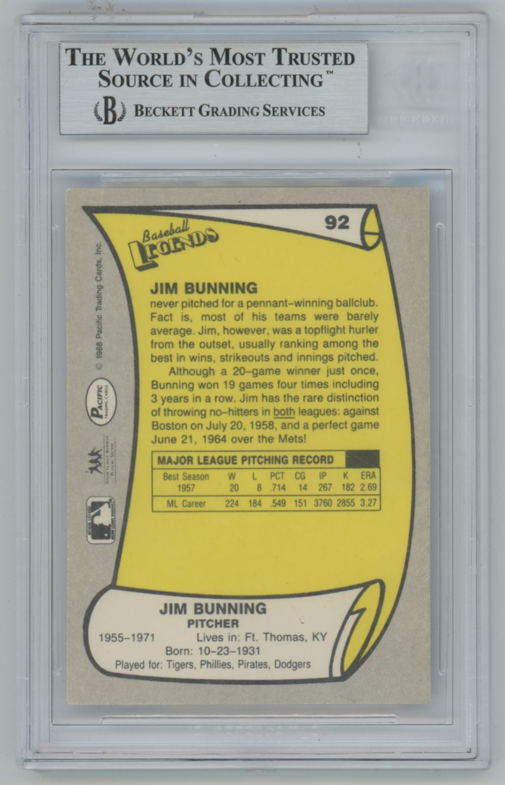 1988 Pacific Legends #92 Jim Bunning Auto - Beckett Authentic