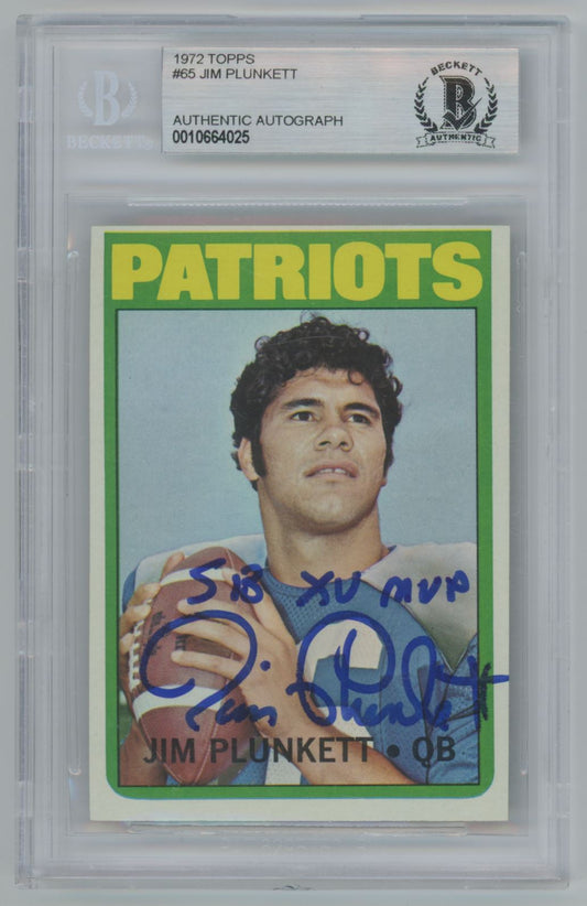 1972 Topps Jim Plunkett #65 Rookie Card Auto with Super Bowl Inscription - Beckett Authentic