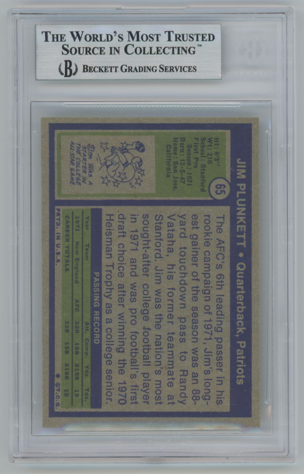 1972 Topps Jim Plunkett #65 Rookie Card Auto with Super Bowl Inscription - Beckett Authentic