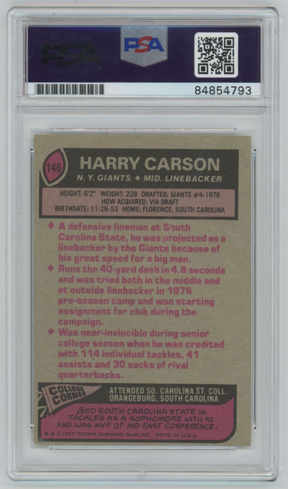 1977 Topps Harry Carson #146 Auto "HOF 2006" - PSA/DNA