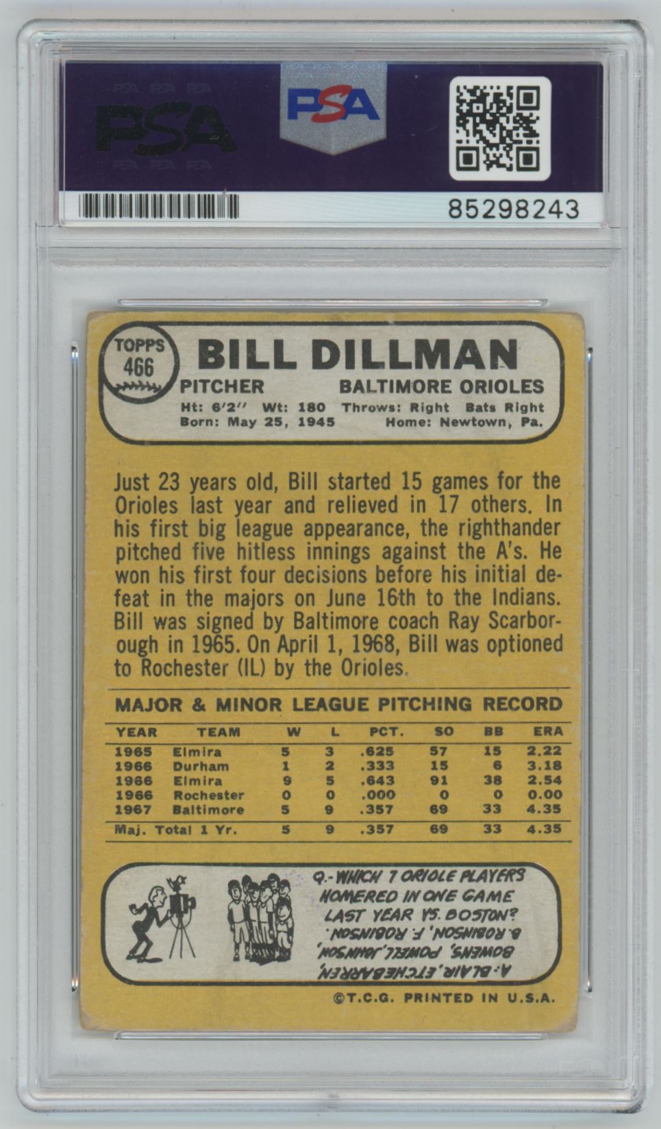 1968 Topps Bill Dillman Auto - PSA/DNA Authentic (8243)