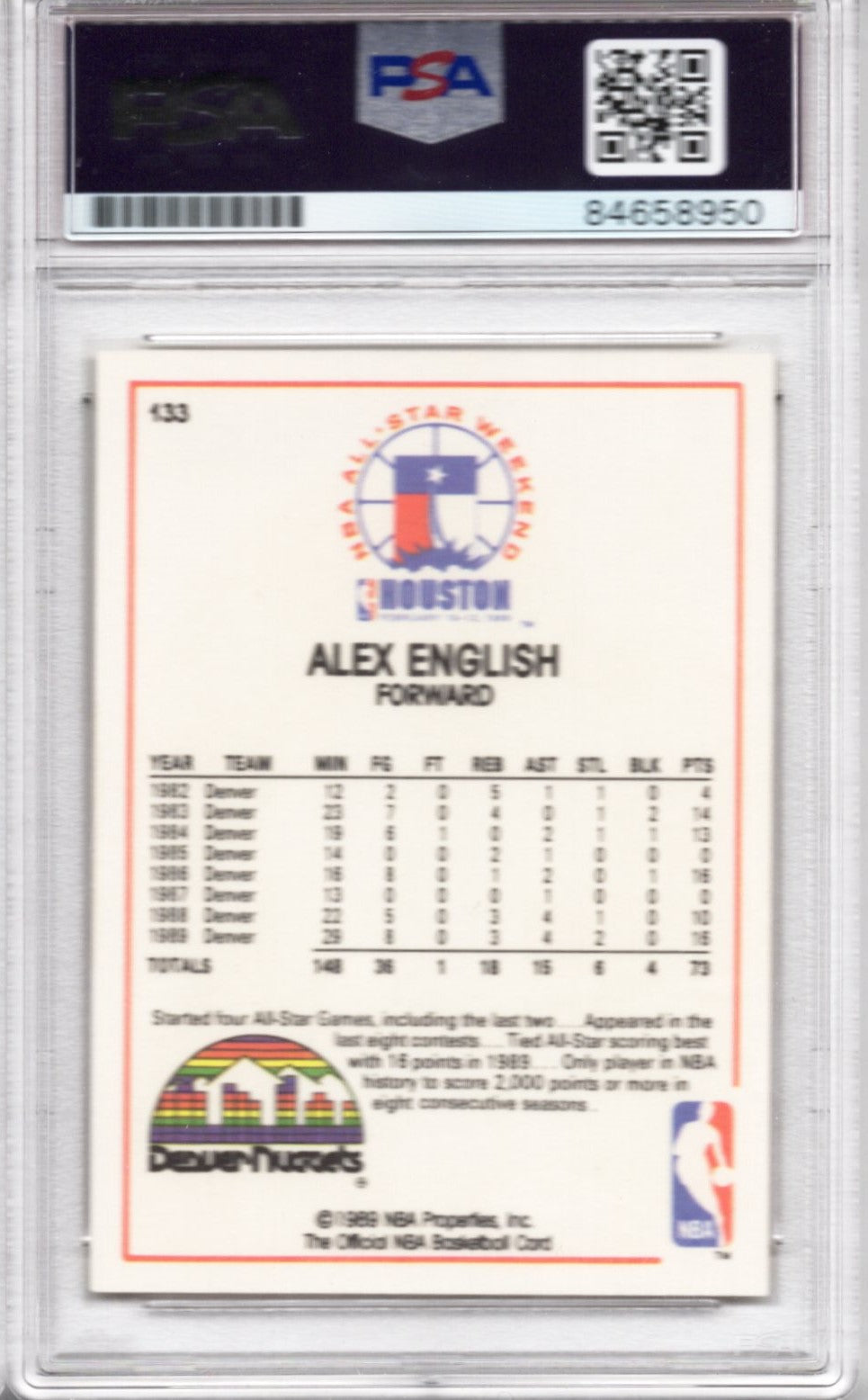 1989 NBA HOOPS NBA ALL STAR WEEKEND ALEX ENGLISH AUTOGRAPH PSA/DNA (8950) HOF '97 INSCRIPTION