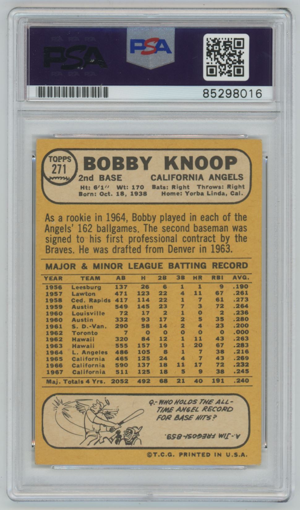 1968 Topps Bobby Knoop Auto - PSA/DNA Authentic (8016)