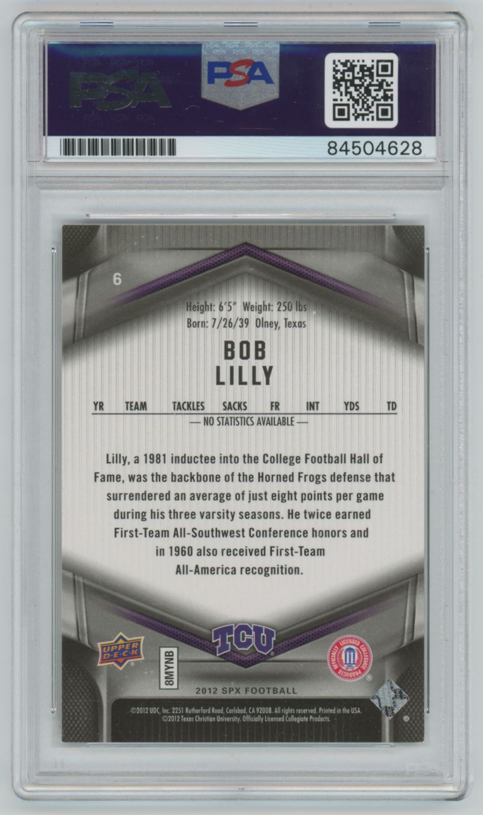 2012 SPx Football Bob Lilly Auto - PSA/DNA