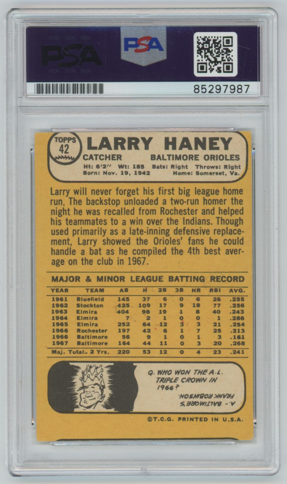 1968 Topps Larry Haney Auto - PSA/DNA Authentic (7987)