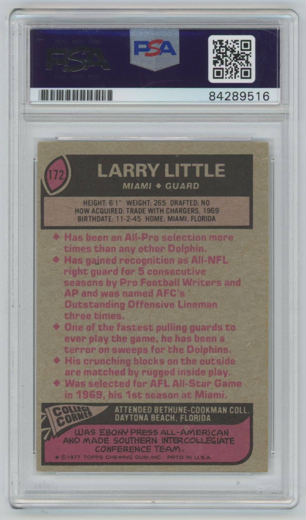 1977 Topps Larry Little Auto - PSA/DNA