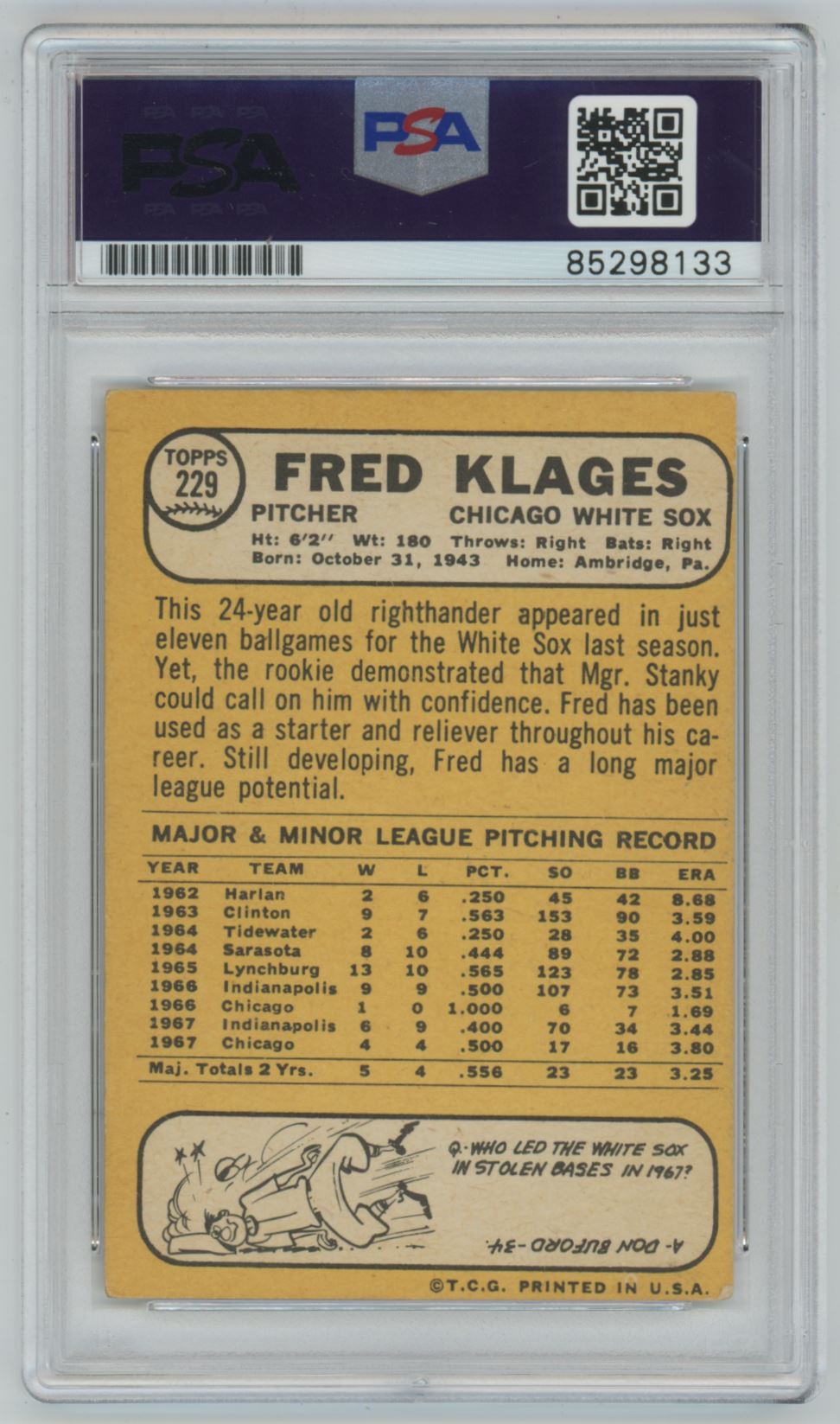 1968 Topps Fred Klages Auto - PSA/DNA Authentic (8133)