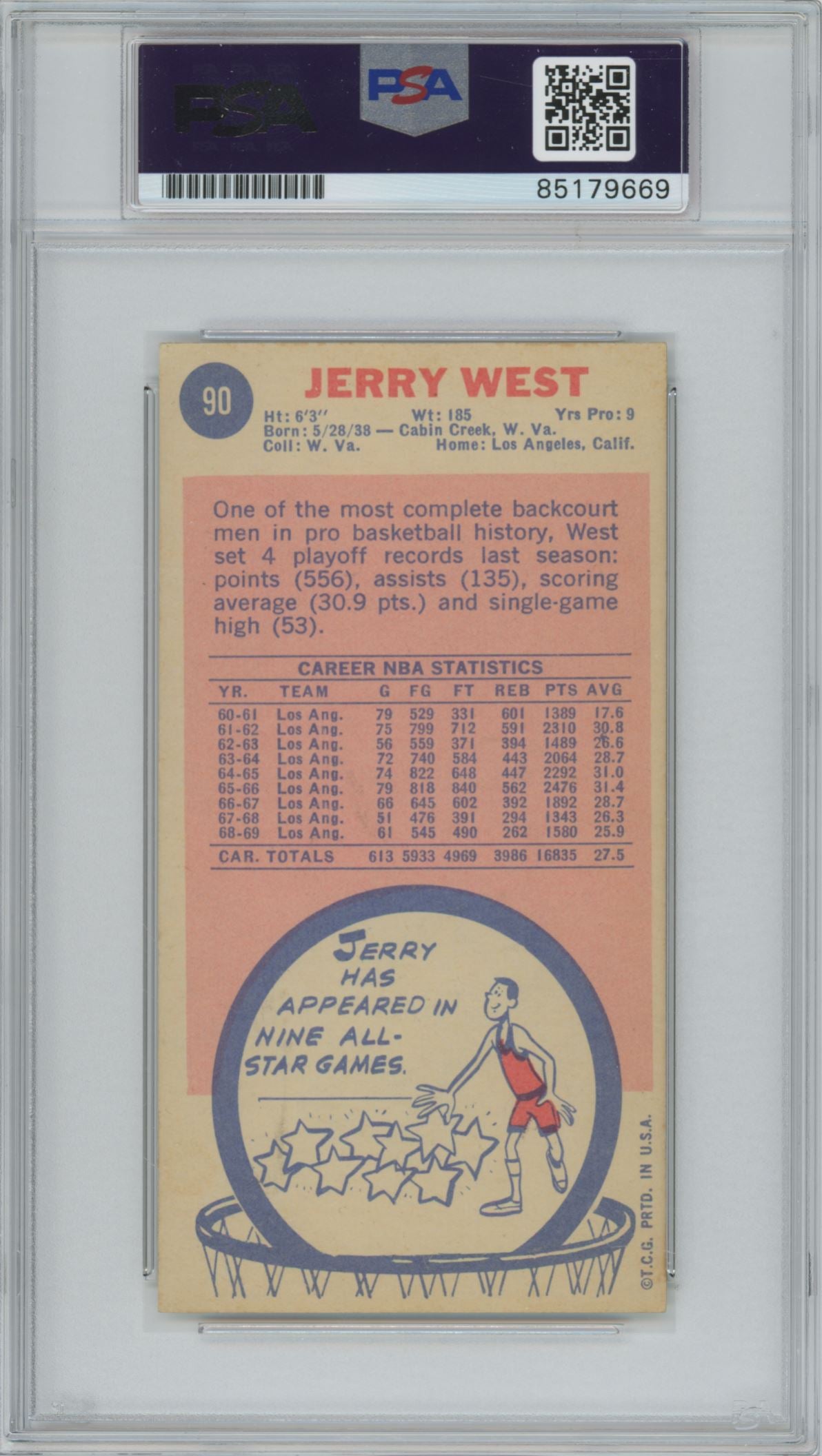 1969 Topps #90 Jerry West "HOF 1980-2010" Auto - PSA/DNA (9669)