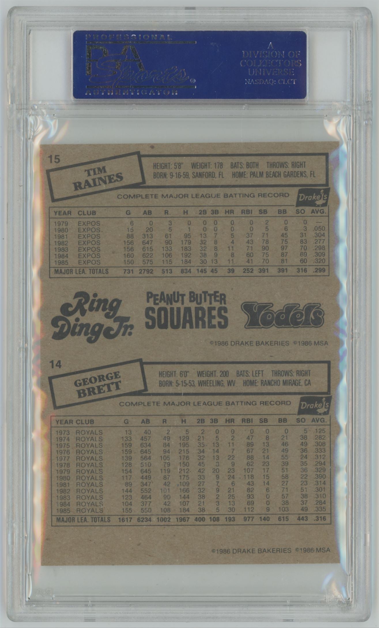 1986 Drake's George Brett / Tim Raines Hand Cut Panel - PSA 9