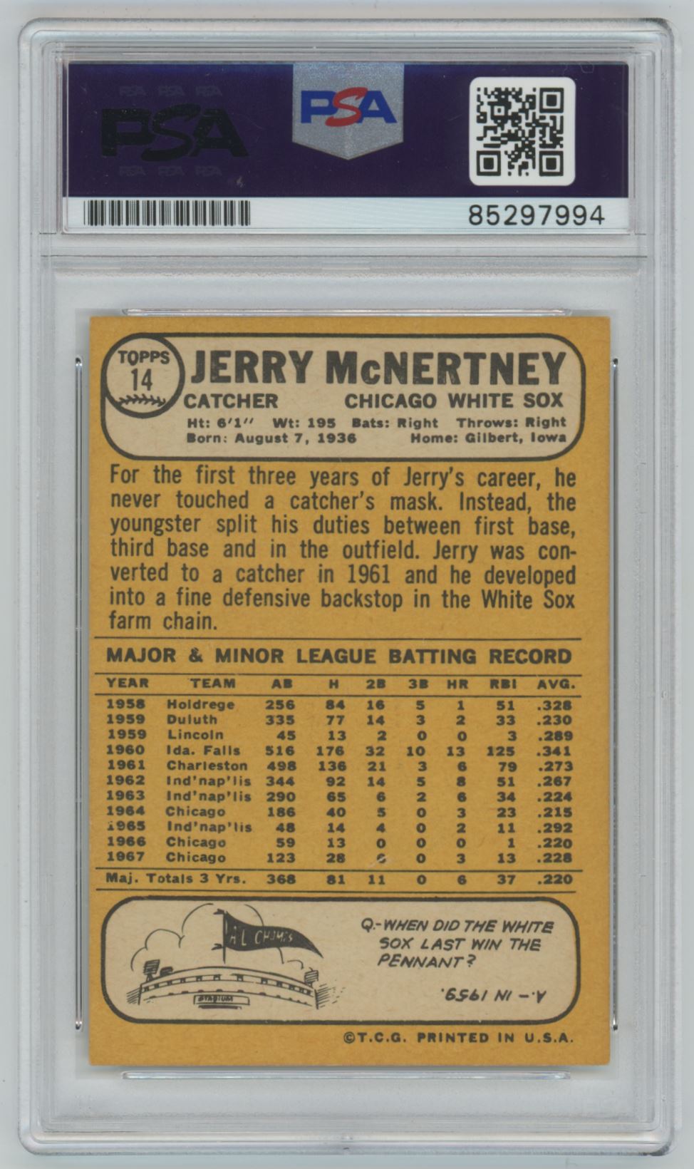 1968 Topps Jerry McNertney Auto - PSA/DNA Authentic (7994)