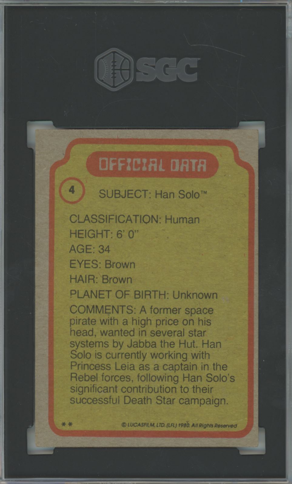 1980 Topps Star Wars Han Solo #4 The Empire Strikes Back - SGC 5