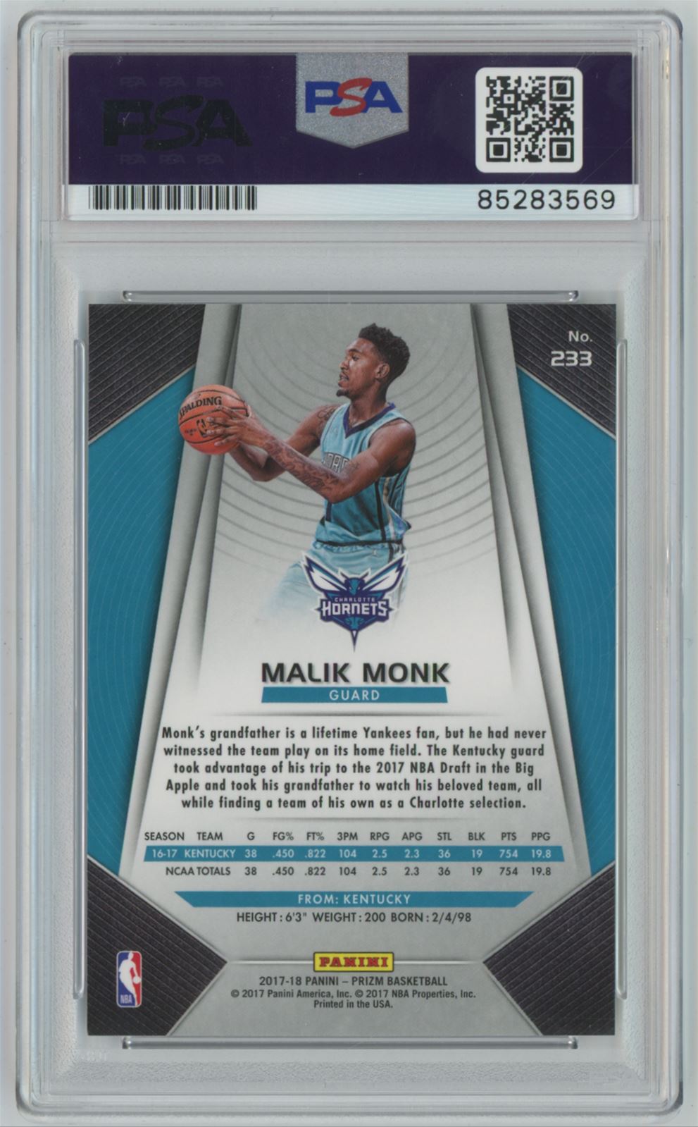 2017 Panini Prizm Malik Monk PSA/DNA Auto Gem 10