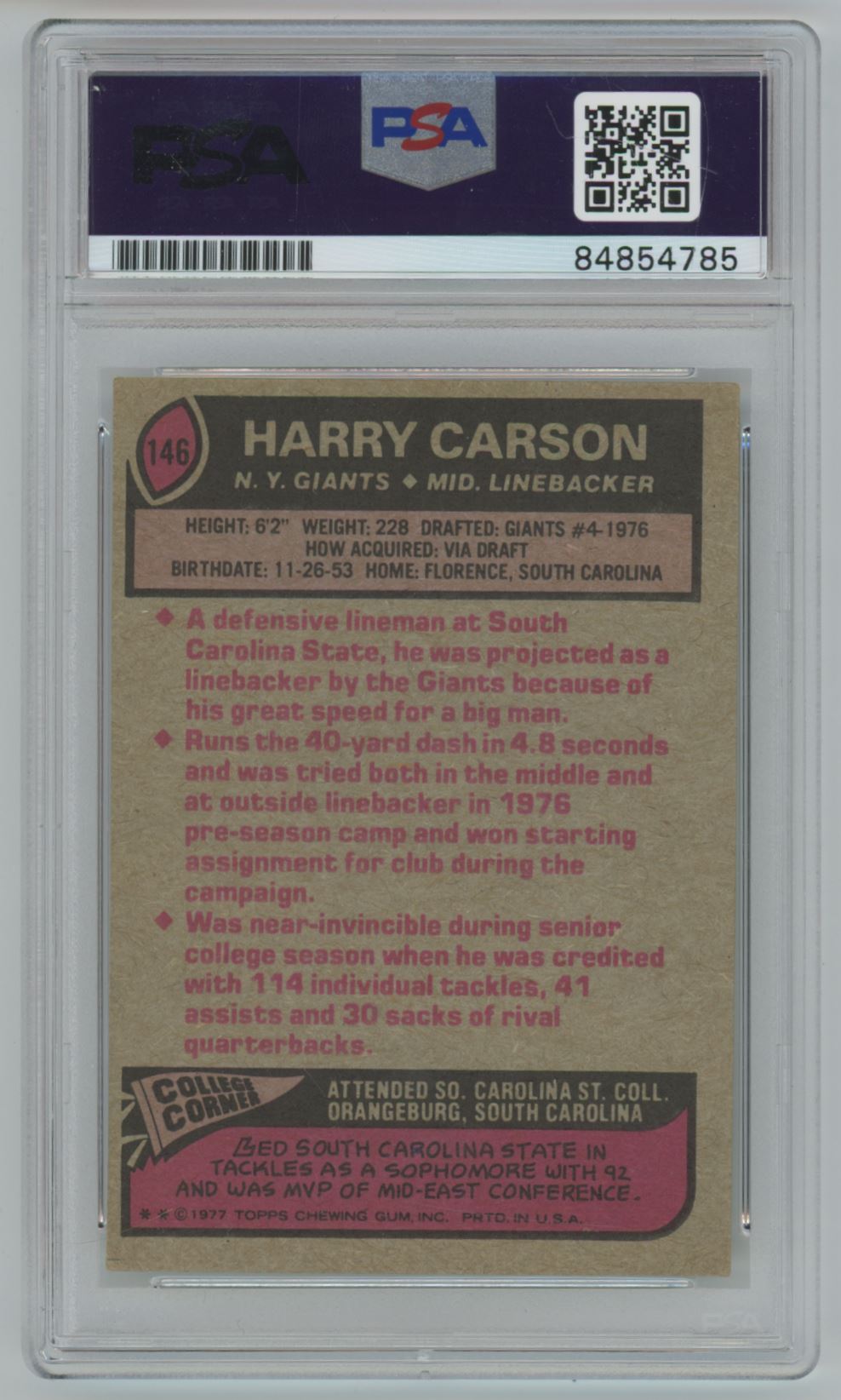 1977 Topps Harry Carson Rookie Card Auto with Inscription - PSA/DNA