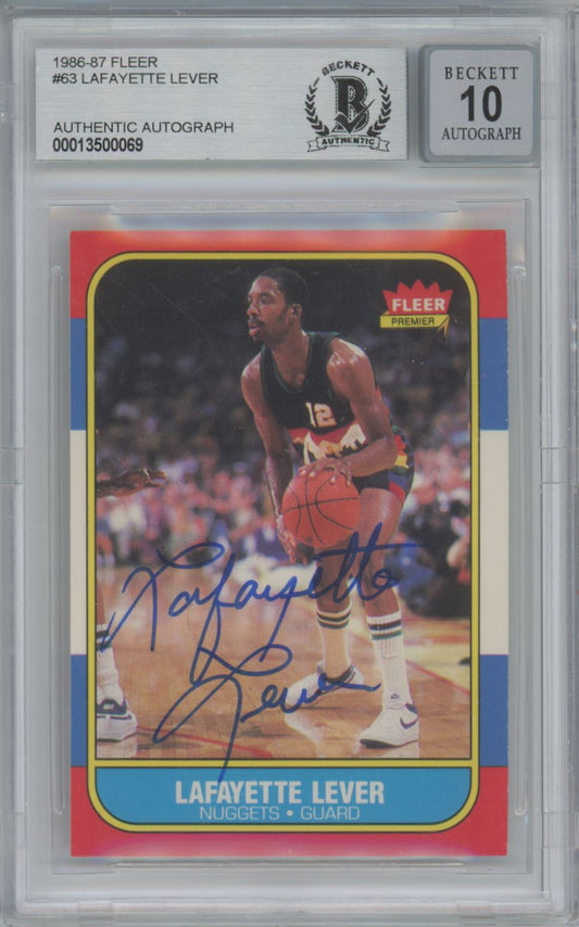 1986-87 Fleer #63 Lafayette Fat Lever RC - Beckett Authentic Auto 10 Grade