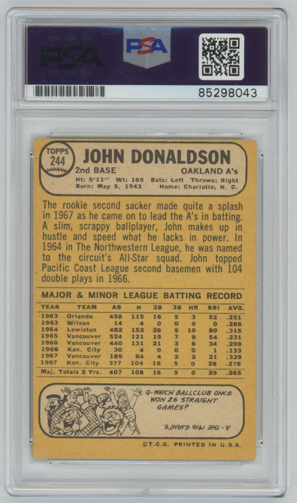 1968 Topps John Donaldson Auto - PSA/DNA Authentic (8043)