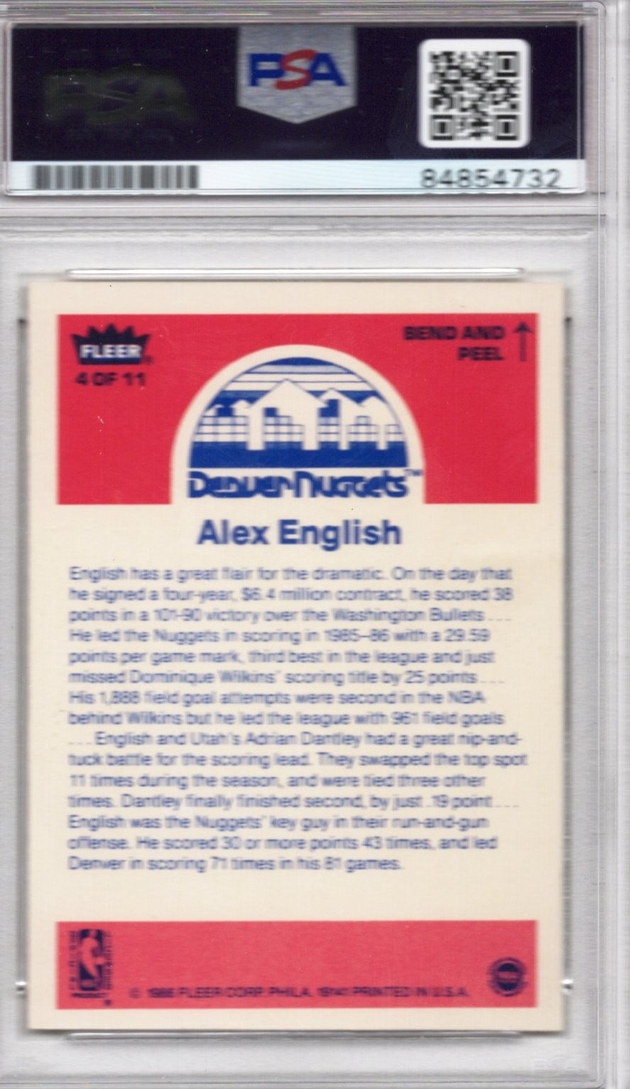 1986 FLEER ALEX ENGLISH NUGGETS AUTOGRAPH PSA/DNA (4732)