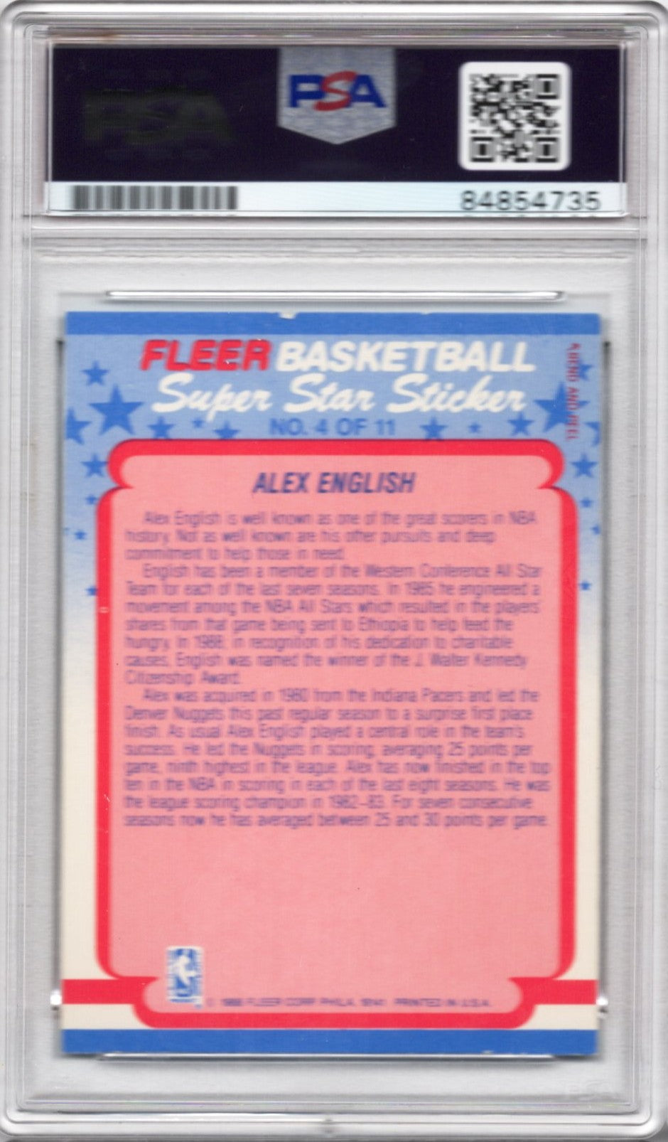 1988 FLEER ALEX ENGLISH AUTOGRAPH PSA/DNA