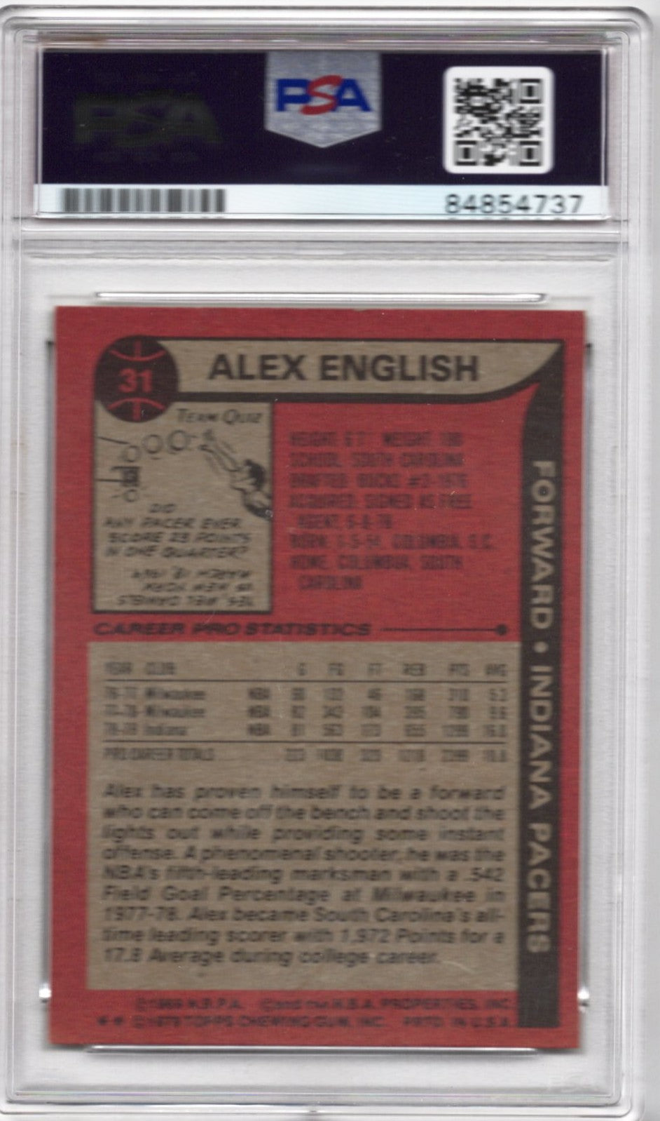 1979 TOPPS ALEX ENGLISH AUTOGRAPH PSA/DNA HOF '97 INSCRIPTION