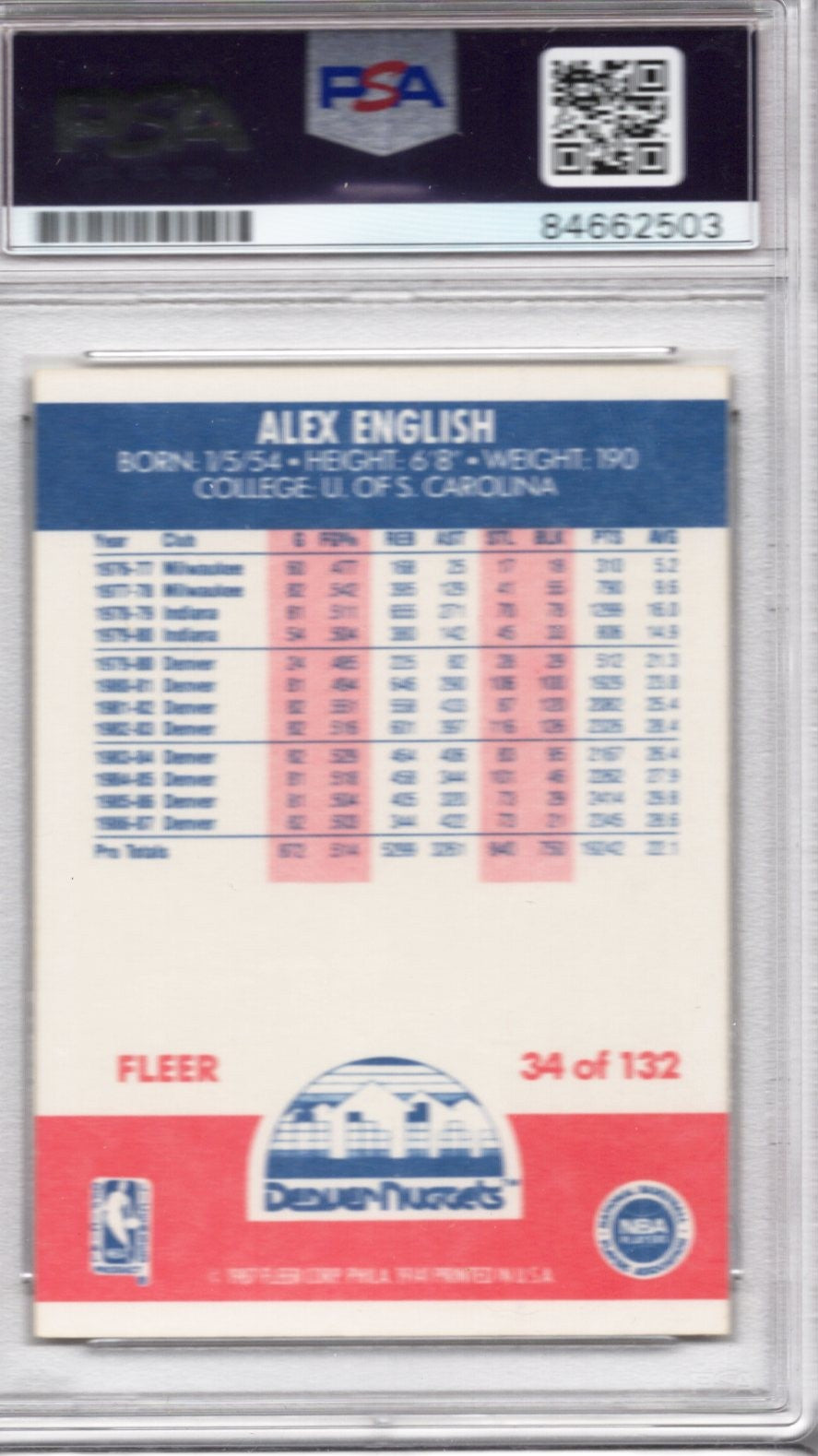 1987 FLEER ALEX ENGLISH AUTOGRAPH HOF PSA/DNA AUTO GRADE GEM MT 10