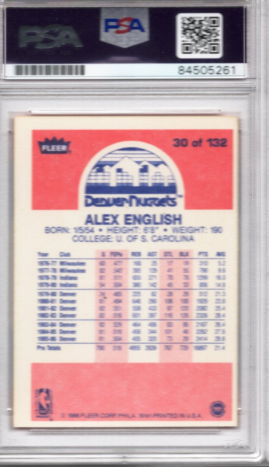 1986 FLEER PRIEMIUM ALEX ENGLISH NUGGETS AUTOGRAPH PSA/DNA (5261)